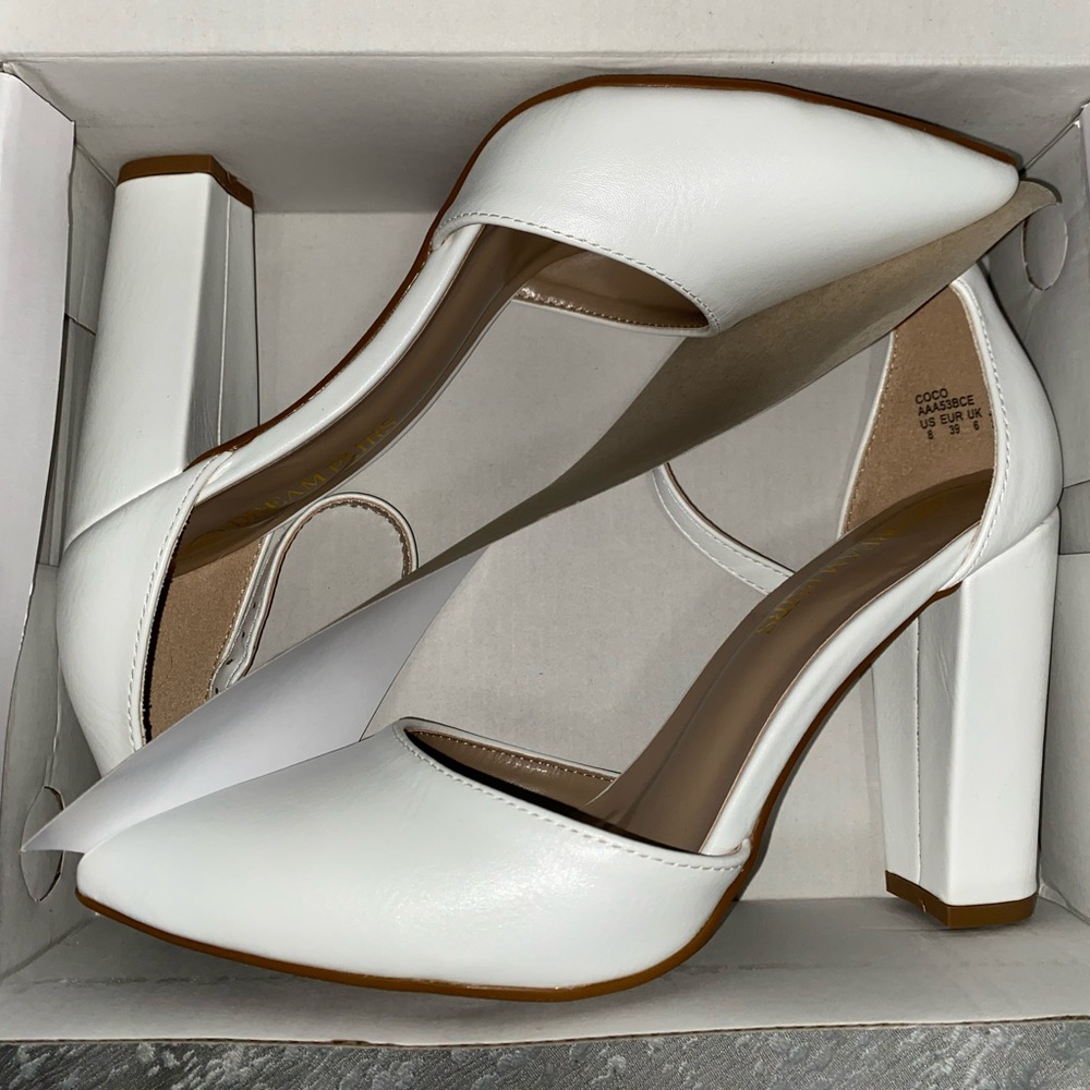 White Pointed Toe Pump Block Heel
